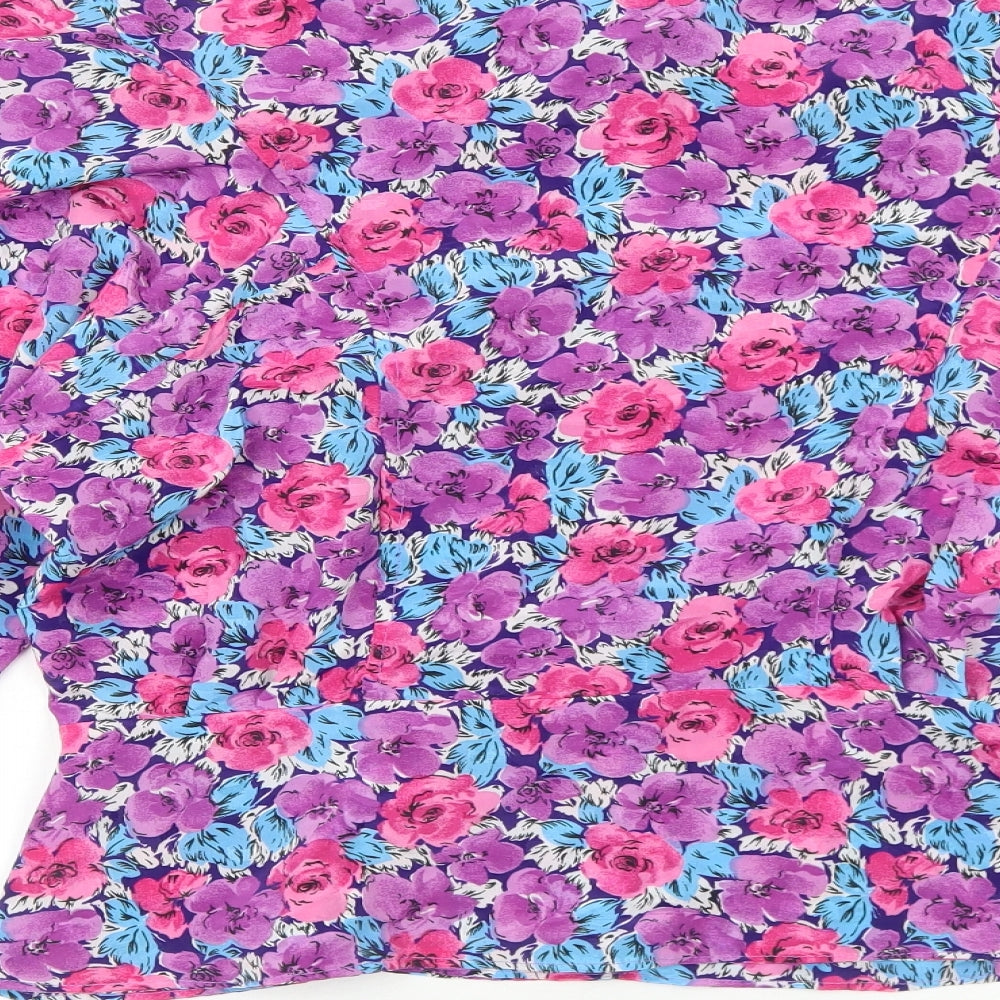 Preworn Womens Purple Floral Polyester Basic Button-Up Size M Collared