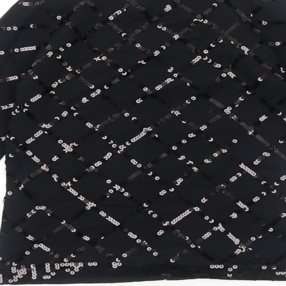 Preworn Womens Black Scoop Neck Geometric Polyester Cardigan Jumper Size 8 - Hook & Eye Closure