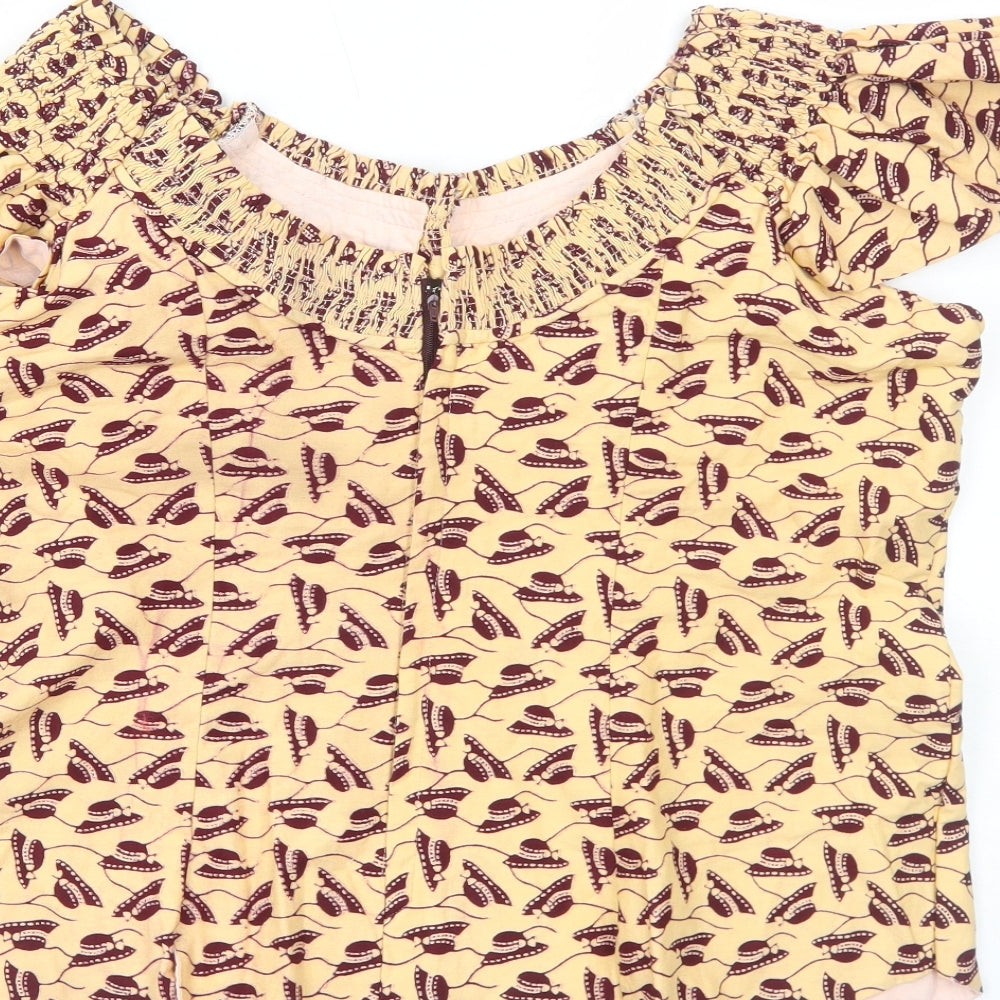 Preworn Womens Ivory Geometric Cotton Basic Blouse Size L Off the Shoulder