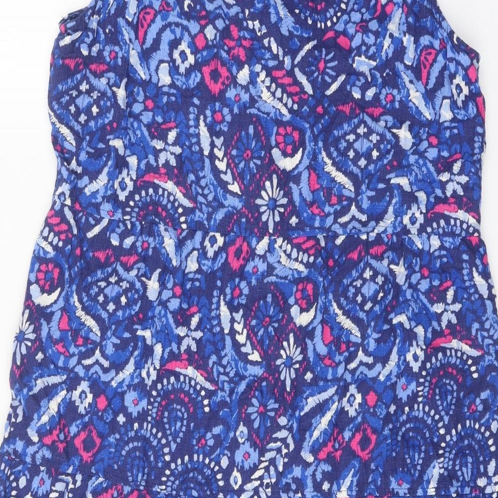 Preworn Womens Blue Geometric Viscose Tank Dress One Size Round Neck Button