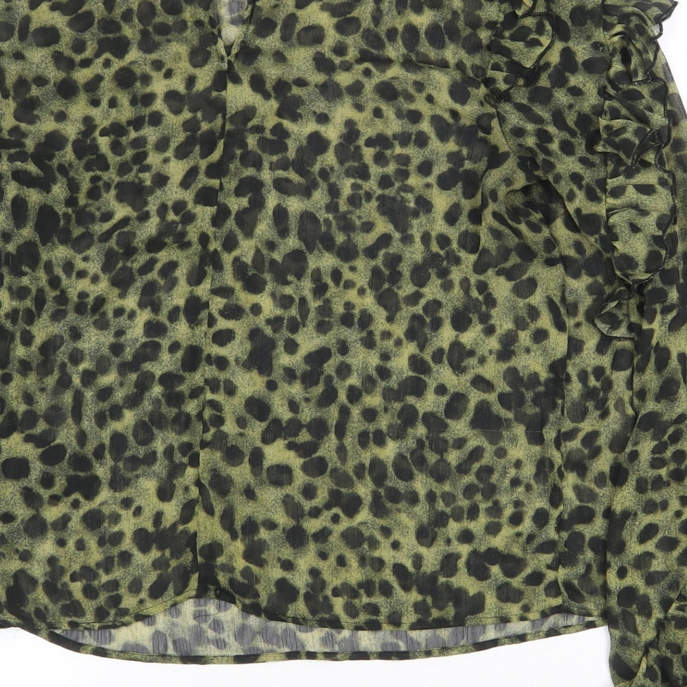 H&M Womens Green Animal Print Polyester Basic Blouse Size 6 Round Neck - Hyena Print
