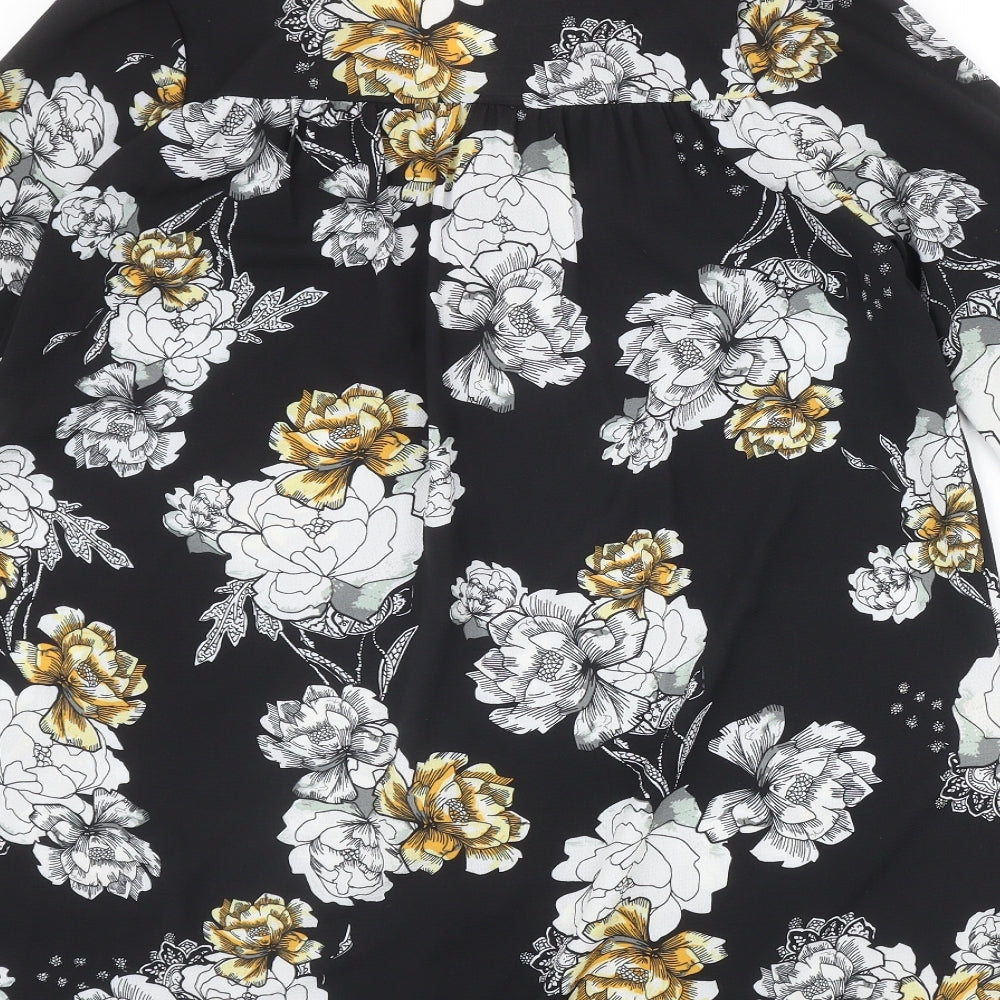 Lola May Womens Black Floral Polyester Basic Blouse Size 8 V-Neck - Flower Detail