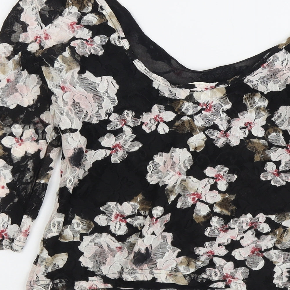 Pins & Needles Womens Black Floral Polyester Cropped Blouse Size S Scoop Neck