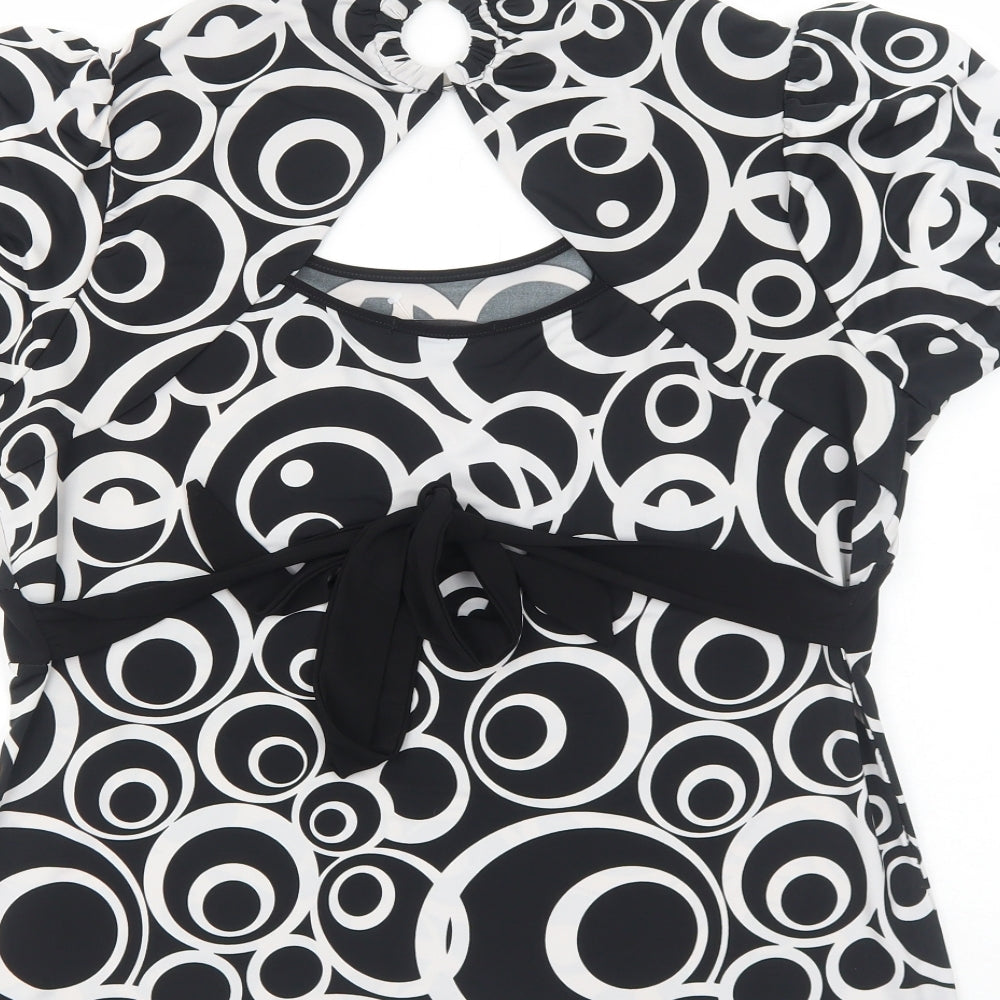 Bassini Womens Black Geometric Polyester Basic T-Shirt Size XL Round Neck