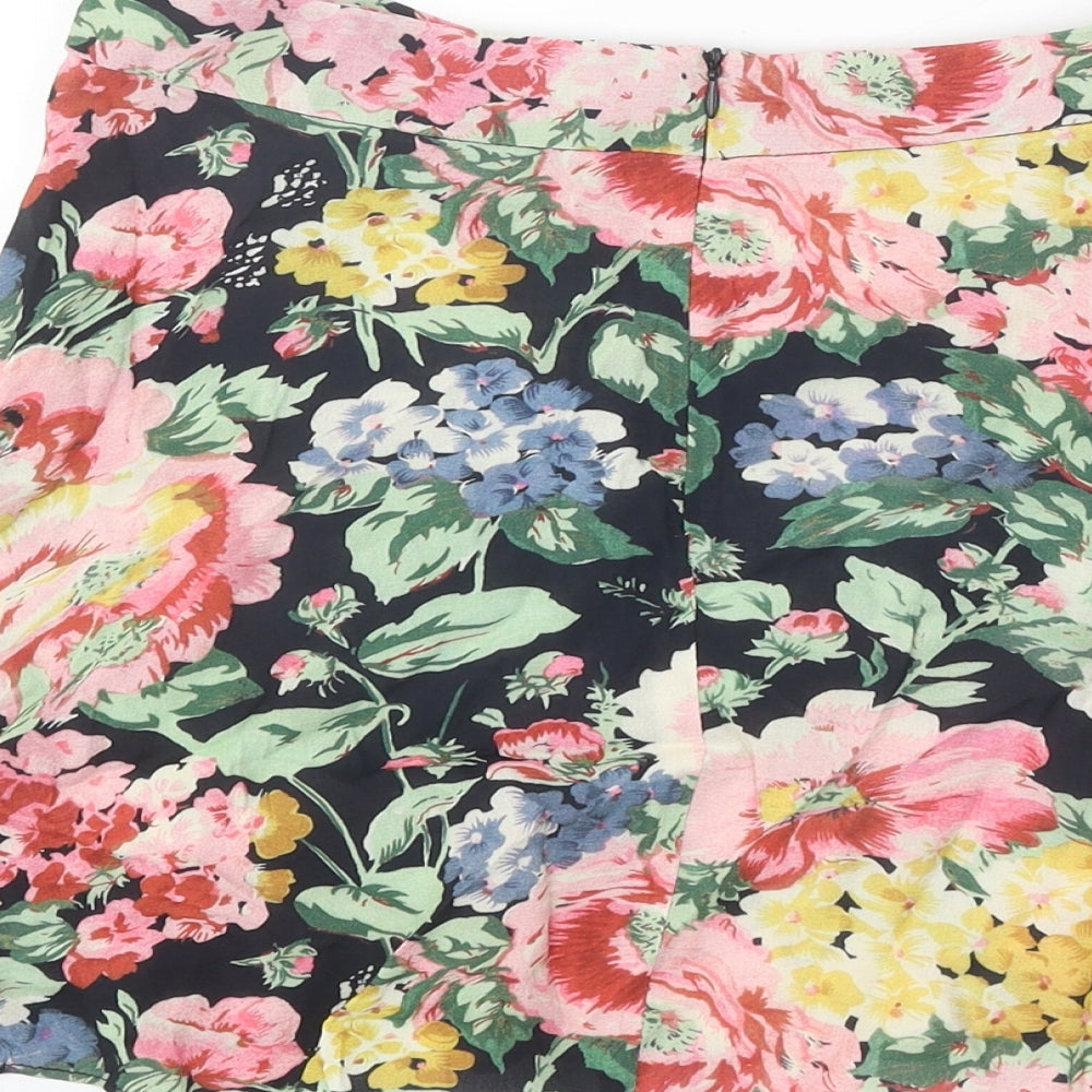 Zara Womens Black Floral Polyester Skater Skirt Size M Zip