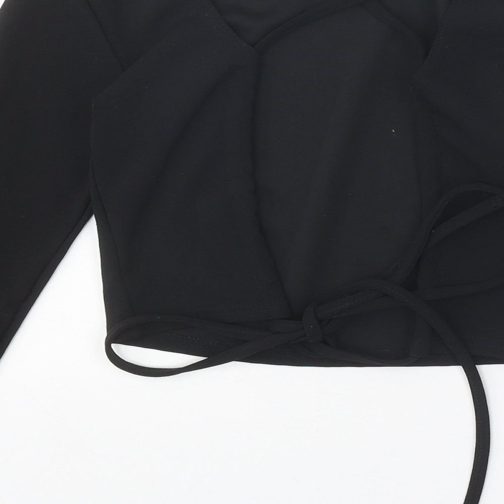 PRETTYLITTLETHING Womens Black Polyester Wrap Blouse Size S Round Neck - Open Back