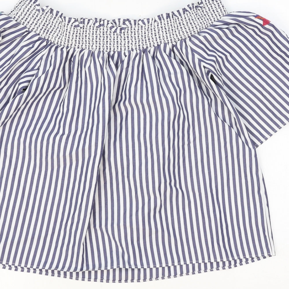 Marks and Spencer Womens Blue Striped Polyester Cropped Tank Size 8 Off the Shoulder - Palm Tree Embroidery