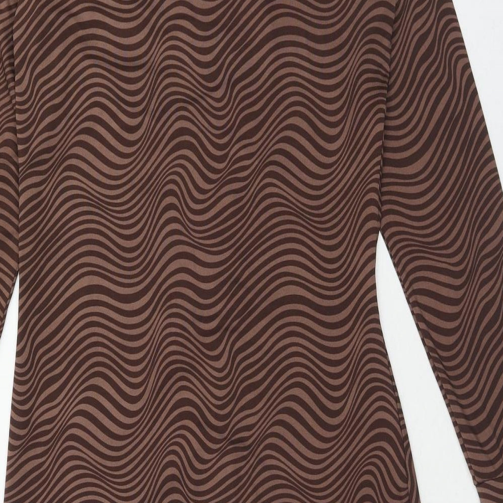 H&M Womens Brown Geometric Polyester Bodycon Size L Collared Button