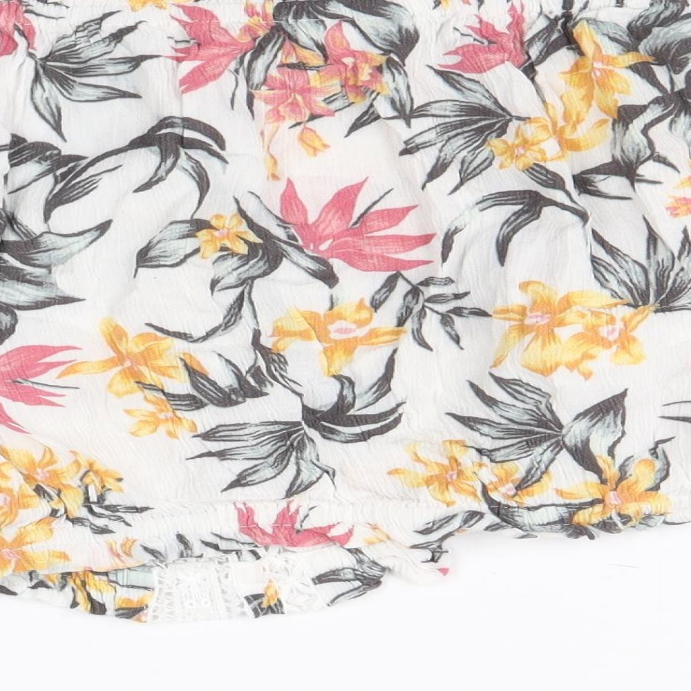 Divided by H&M Womens White Floral Viscose Cropped Blouse Size 10 Boat Neck