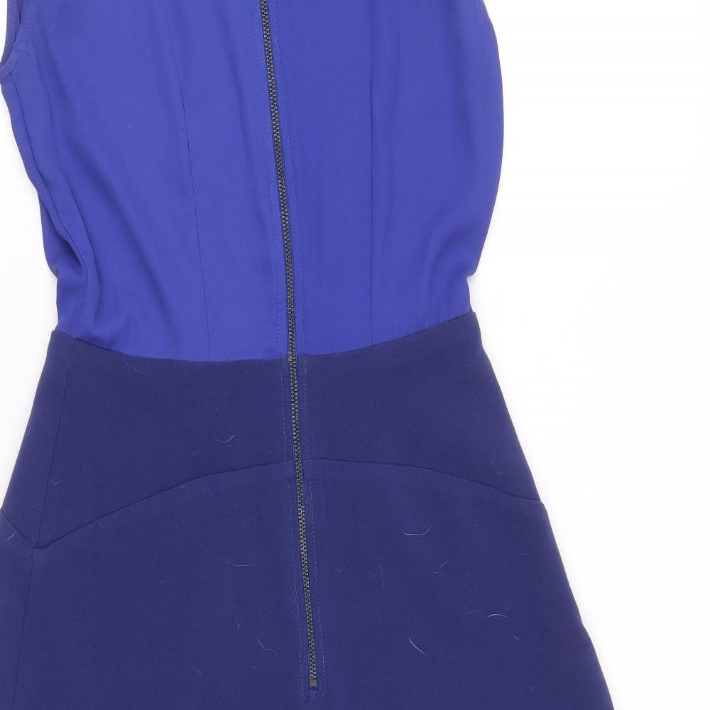 Closet Womens Blue Colourblock Polyester Fit & Flare Size 10 Round Neck Zip