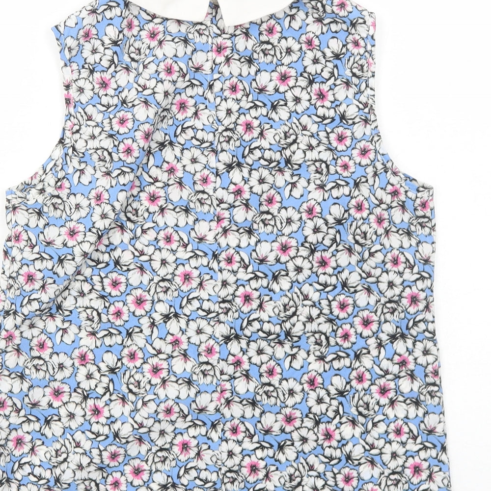 Preworn Womens Blue Floral Polyester Basic Tank Size S Collared