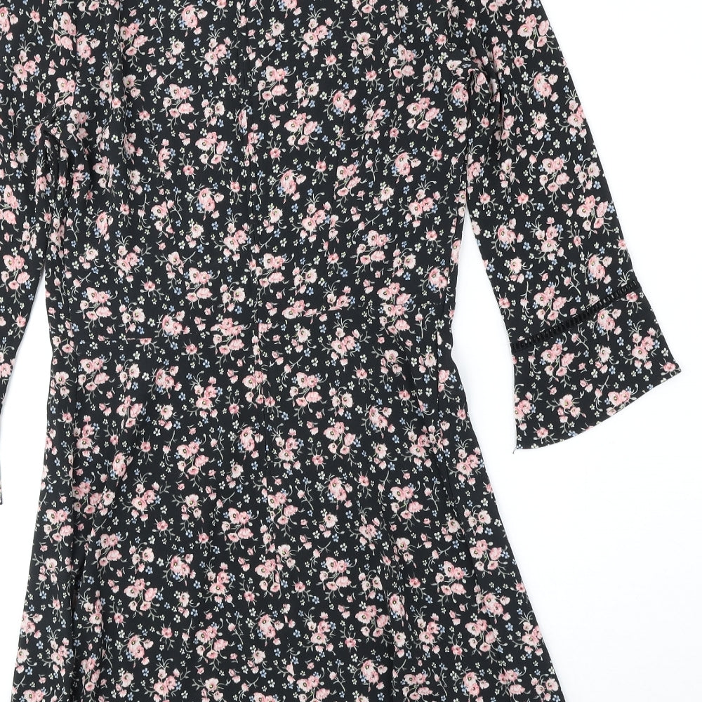 Divided by H&M Womens Black Floral Polyester A-Line Size 8 Round Neck Zip