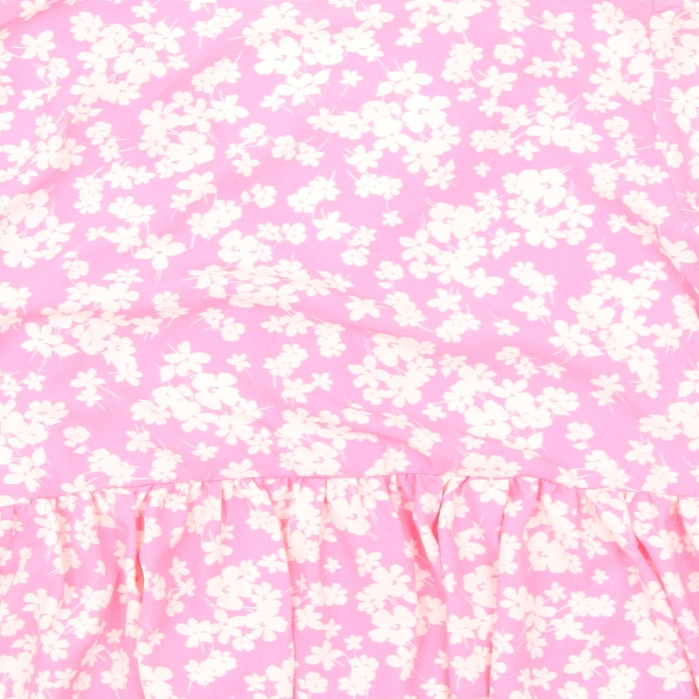 Preworn Womens Pink Floral Polyester Basic Button-Up Size M V-Neck