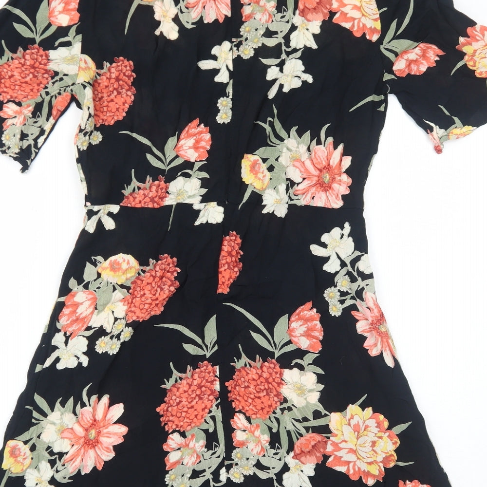 Miss Selfridge Womens Black Floral Polyester Fit & Flare Size 12 Round Neck Zip