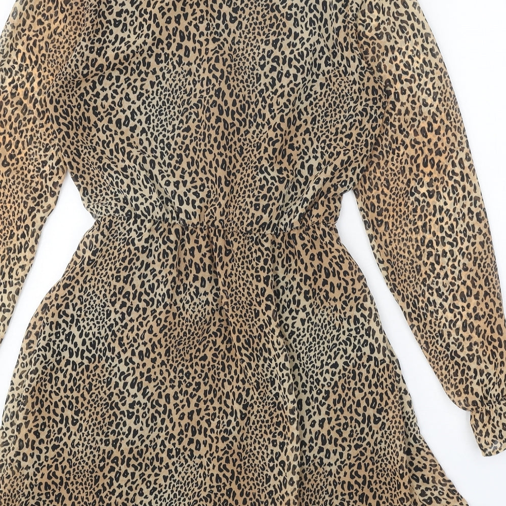 Divided Womens Brown Animal Print Polyester Trapeze & Swing Size 8 V-Neck Pullover - Leopard Pattern