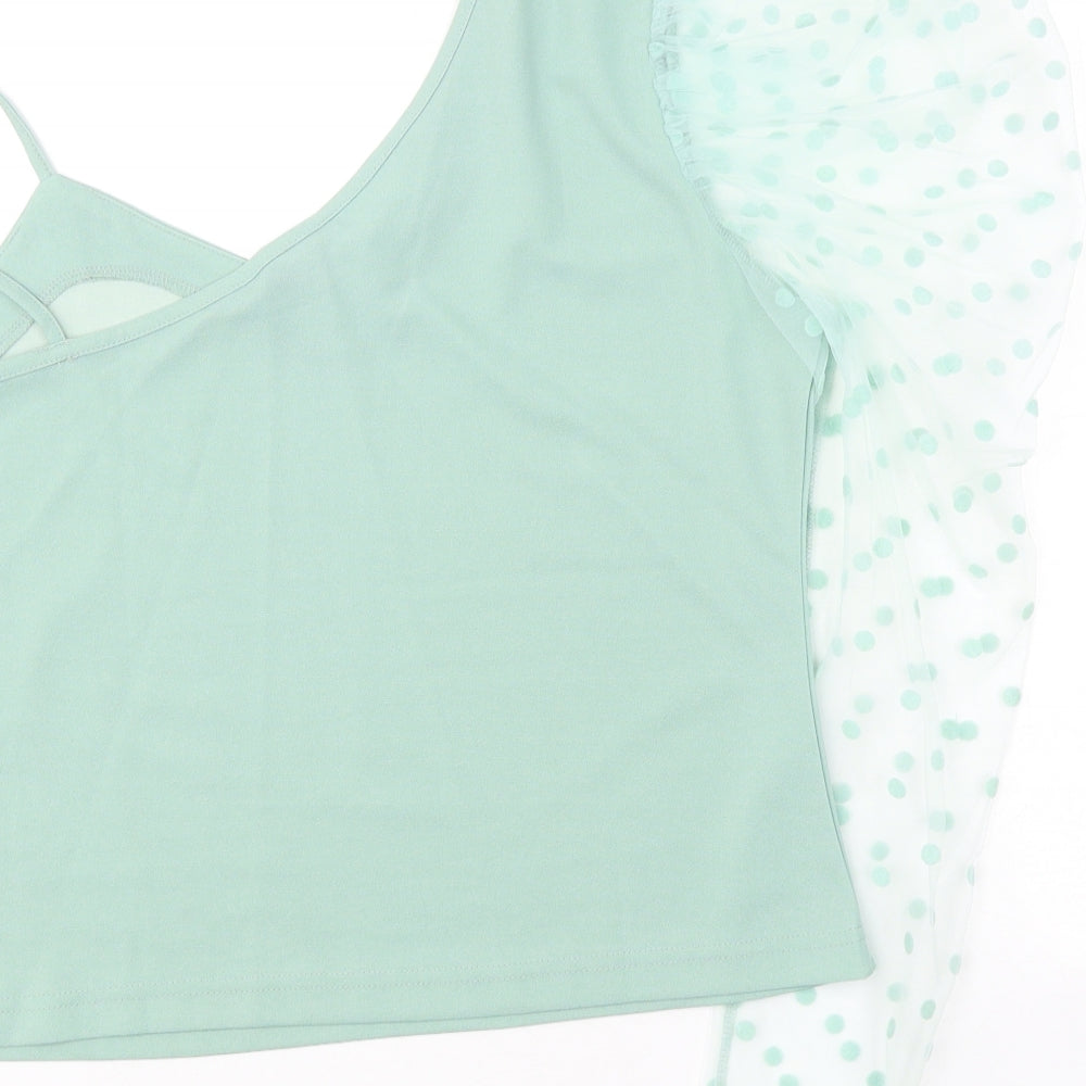 SHEIN Womens Green Polka Dot Polyester Cropped Blouse Size XL One Shoulder - Mesh Sleeve