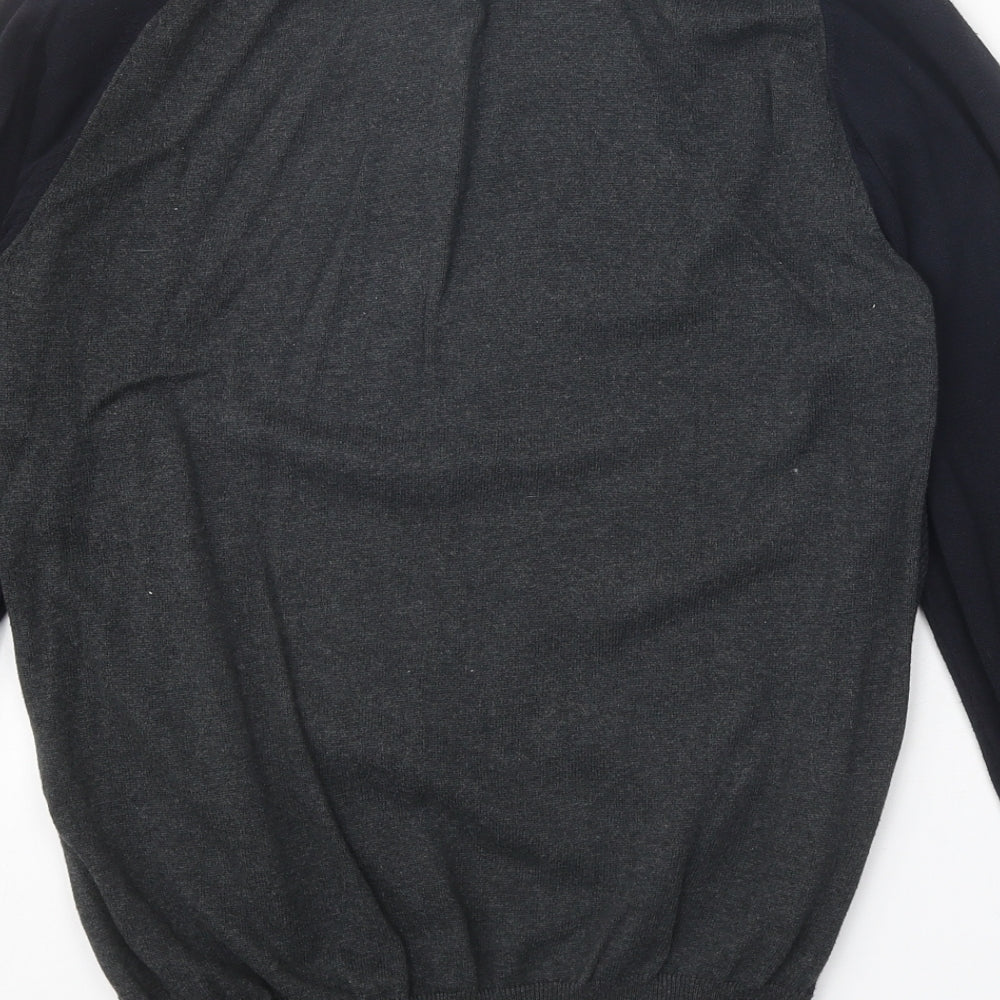 Brand and care label for Easy men’s grey crew neck cotton jumper, size M, long sleeve