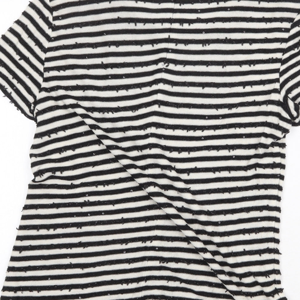 Talbots Womens Black Striped Polyester Basic T-Shirt Size L Round Neck