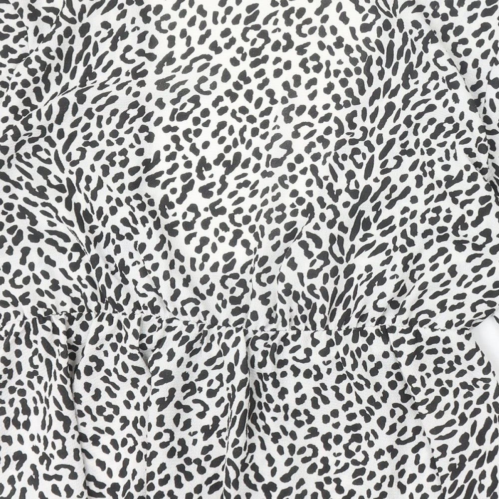 PRETTYLITTLETHING Womens White Animal Print Polyester Basic Blouse Size 14 V-Neck - Leopard Print Angel Sleeve