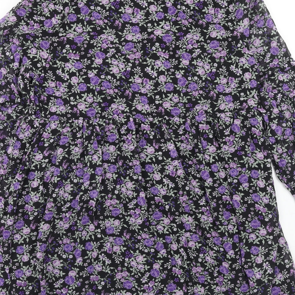 H&M Womens Purple Floral Polyester A-Line Size M V-Neck Pullover