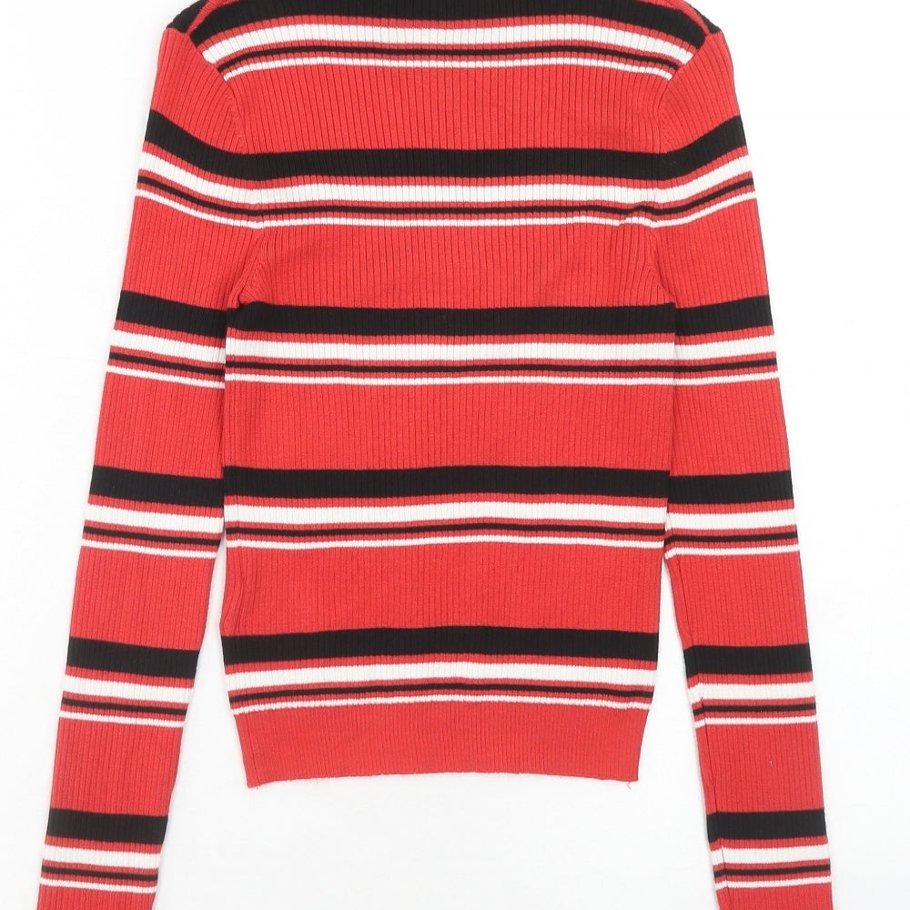 H&M Womens Red Mock Neck Striped Viscose Pullover Jumper Size XS