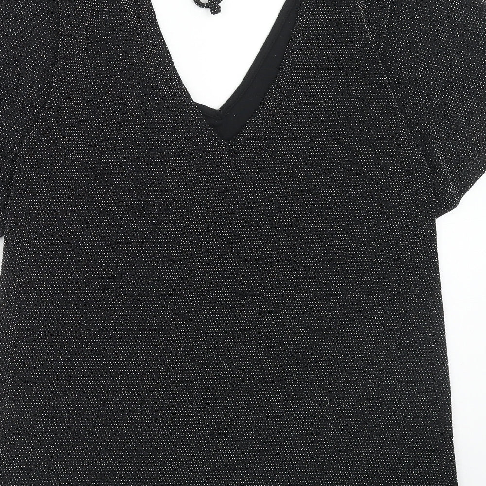 Peacocks Womens Black Polyamide Basic Blouse Size 8 V-Neck