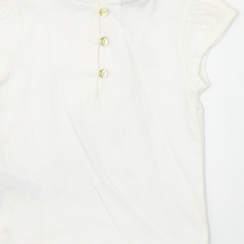 Marks & Spencer Girls Ivory 100% Cotton Pullover T-Shirt Size 3-6 Months Round Neck Button - Boat