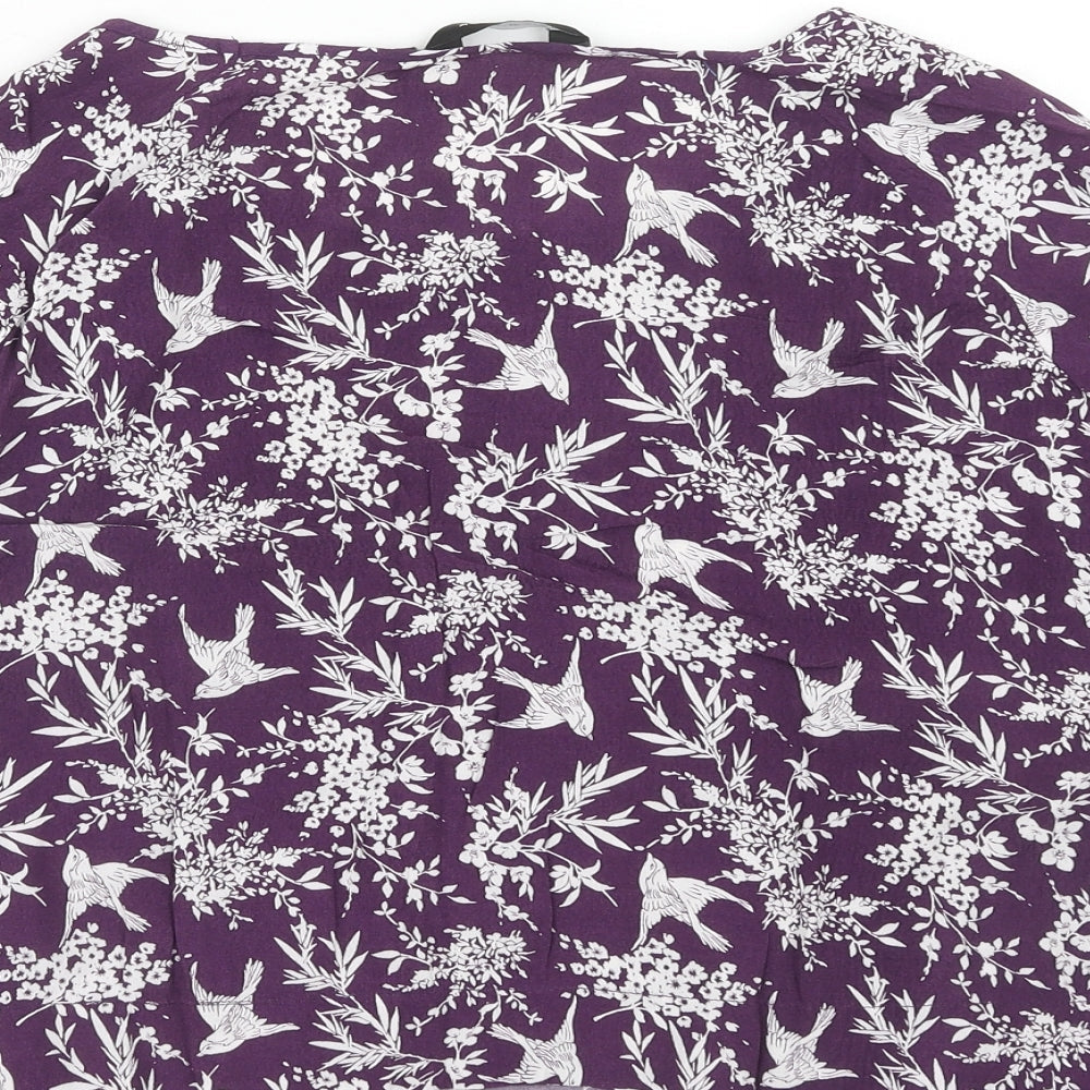 New Look Womens Purple Floral Viscose Cropped T-Shirt Size 12 Boat Neck - Bird Print