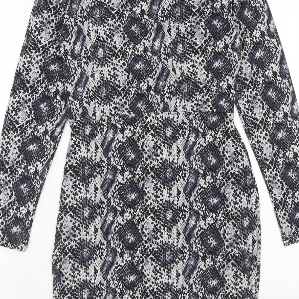 H&M Womens Purple Animal Print Polyester Bodycon Size 10 V-Neck Pullover - Snake Skin Print Knot Front