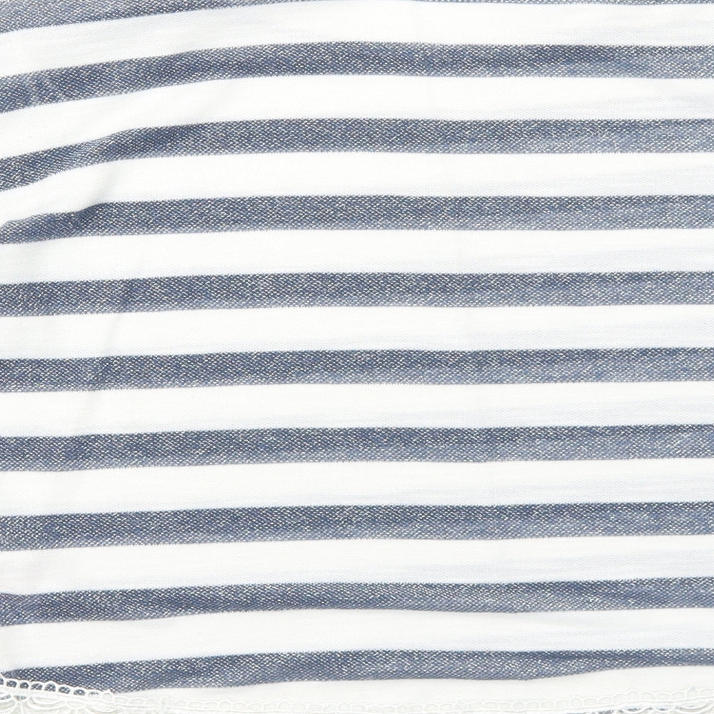 Dorothy Perkins Womens White Striped Viscose Basic T-Shirt Size 12 Boat Neck - Crocheted Lace Detail