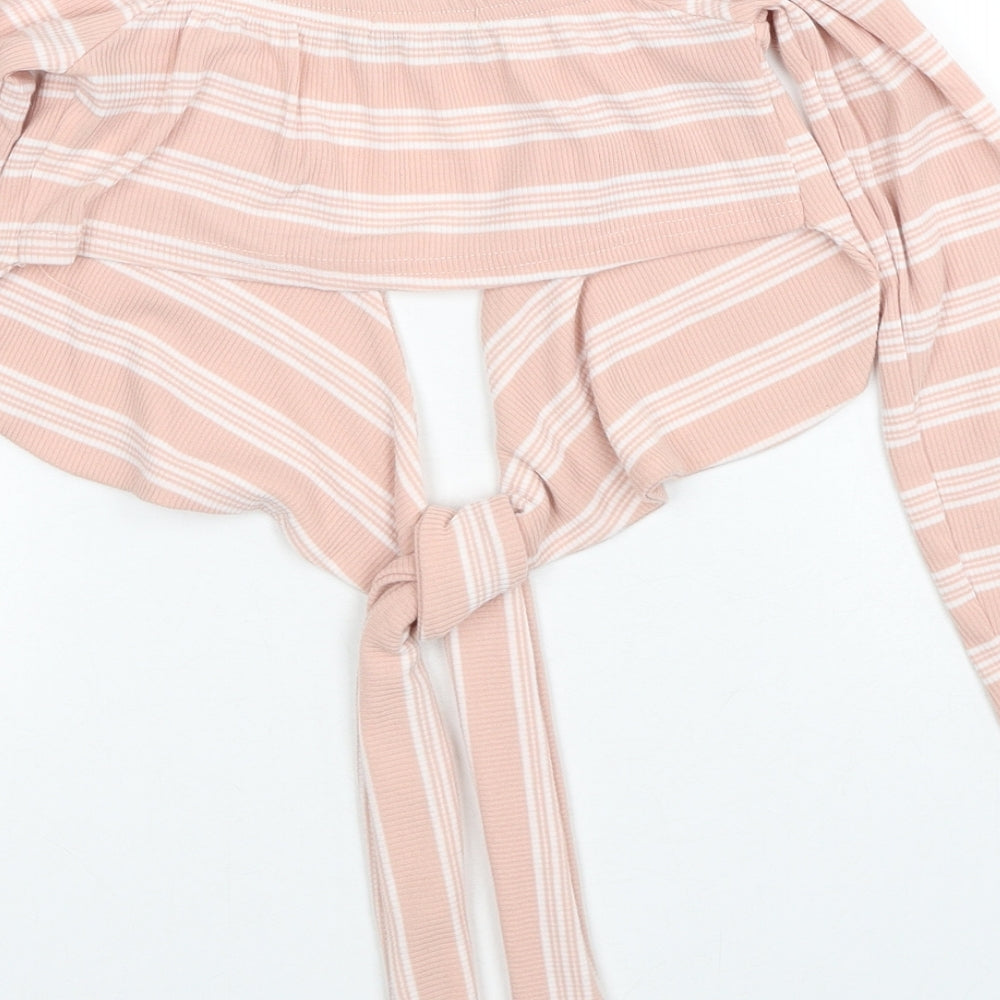 PRETTYLITTLETHING Womens Pink V-Neck Striped Polyester Pullover Jumper Size 6 - Tie Front