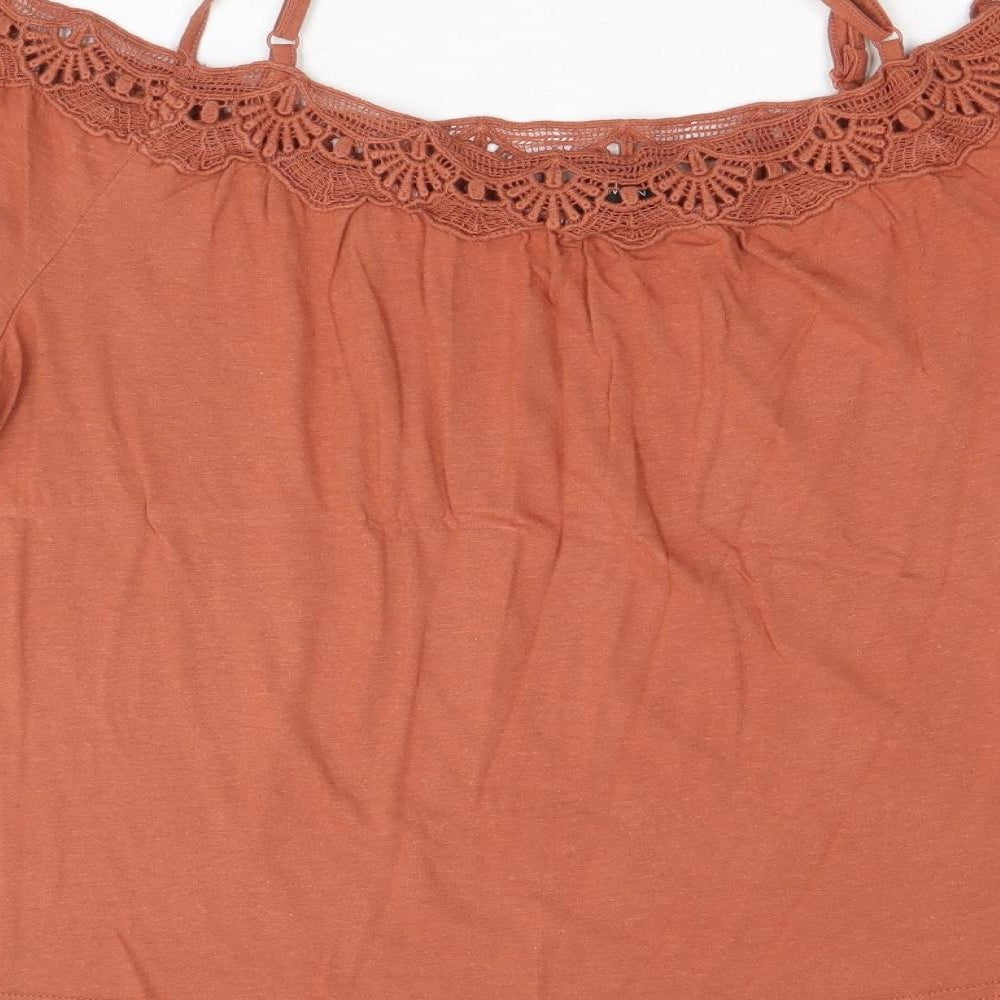 New Look Womens Brown Cotton Basic Blouse Size 10 Scoop Neck - Crochet Trim Cold Shoulder