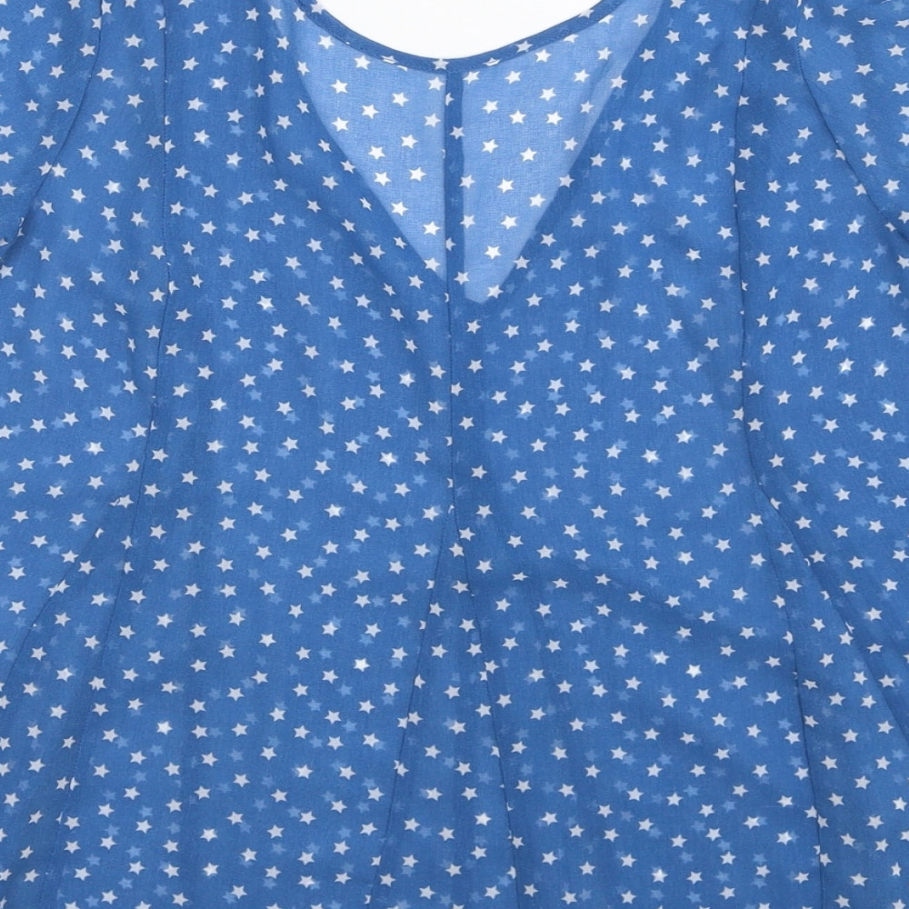 Marks & Spencer Womens Blue Geometric Polyester Basic Blouse Size 6 V-Neck - Star Print