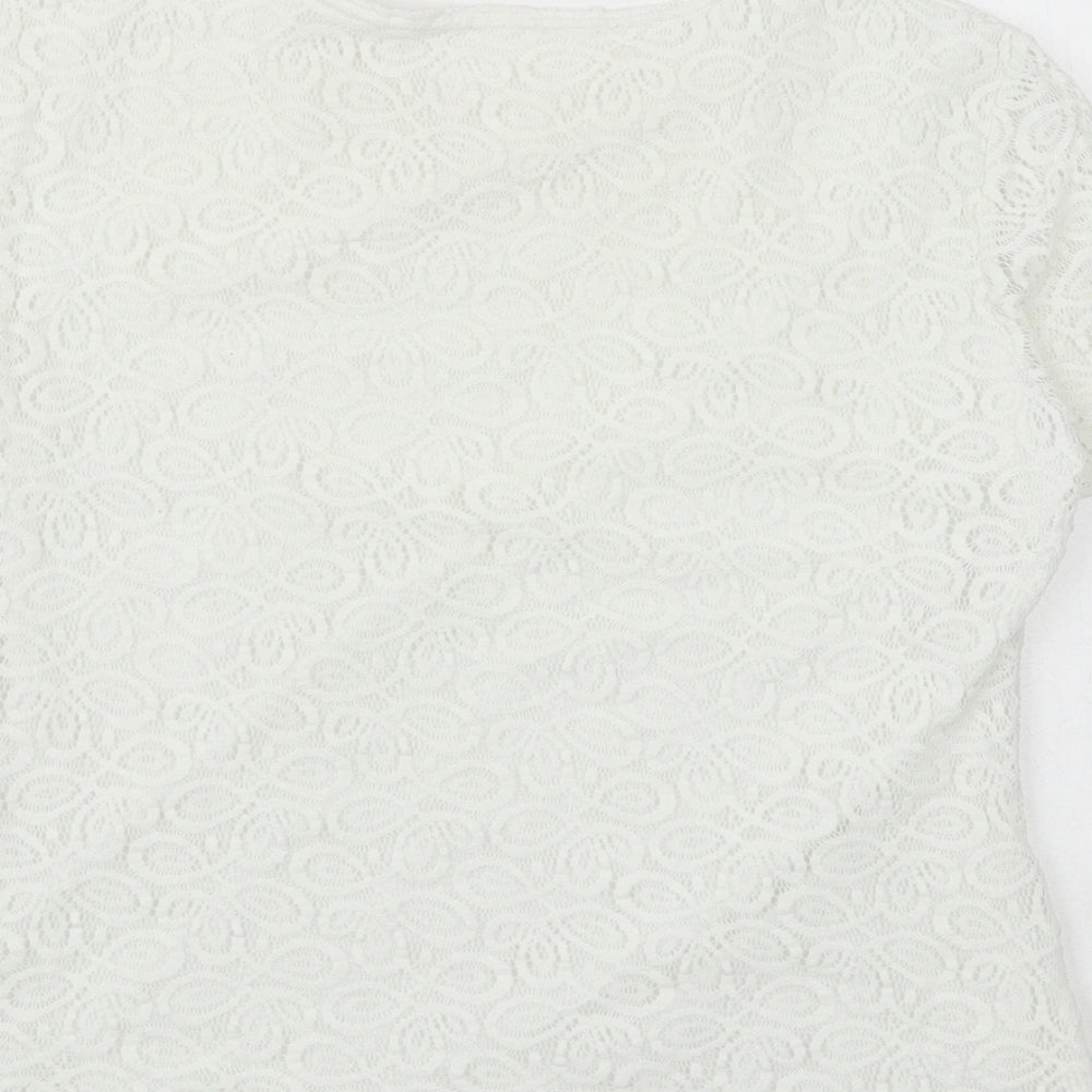 Agenda Womens White Geometric Nylon Basic T-Shirt Size 16 Round Neck