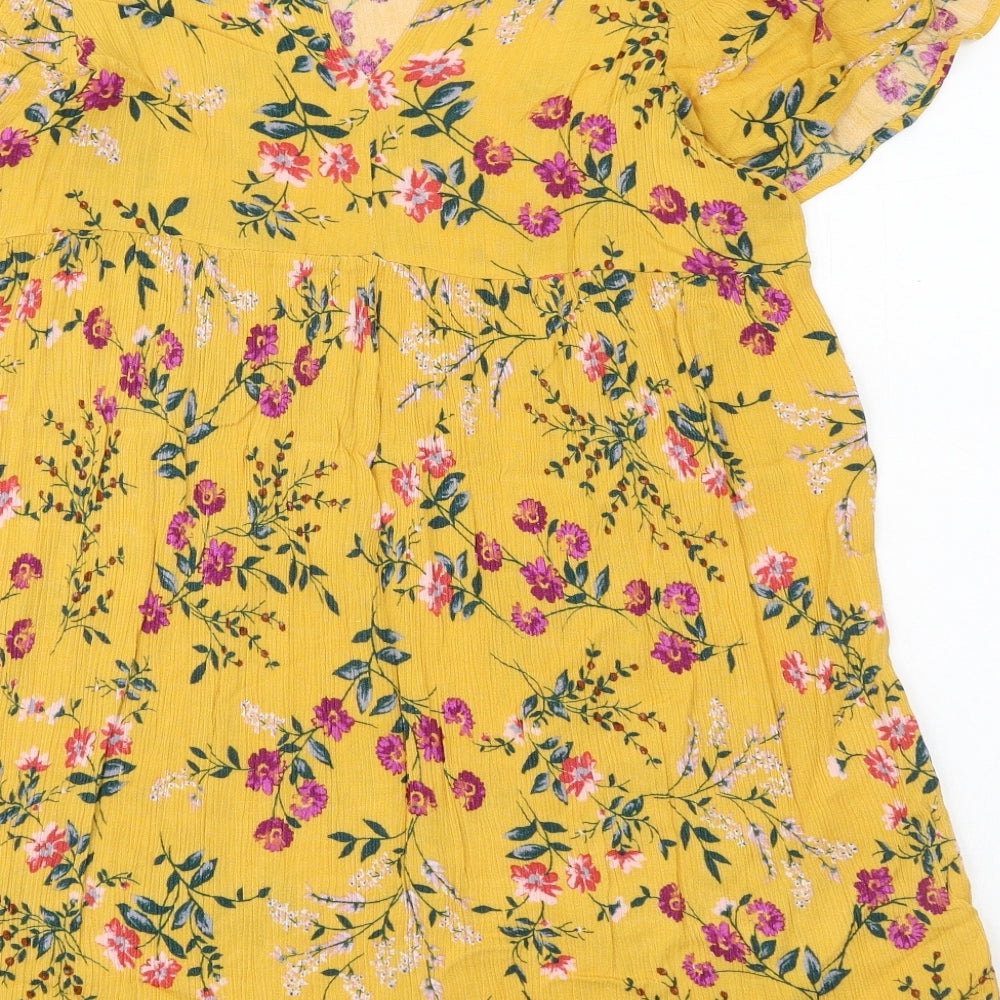 Glamorous Womens Yellow Floral Viscose A-Line Size S Round Neck Button