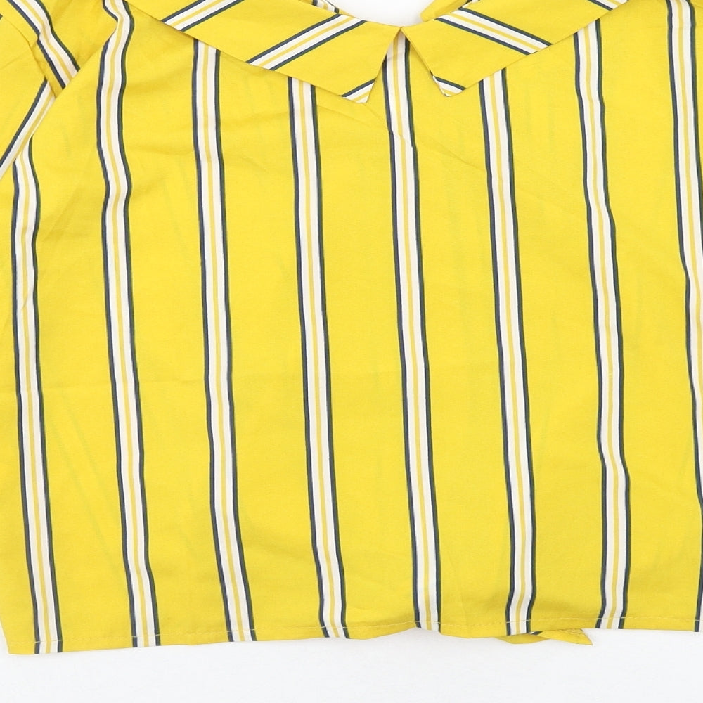 Preworn Womens Yellow Striped Polyester Basic Button-Up Size M Collared