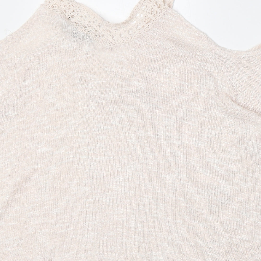 New Look Womens Pink Viscose Basic T-Shirt Size 8 V-Neck - Crocheted Lace Detail Cold Shoulder