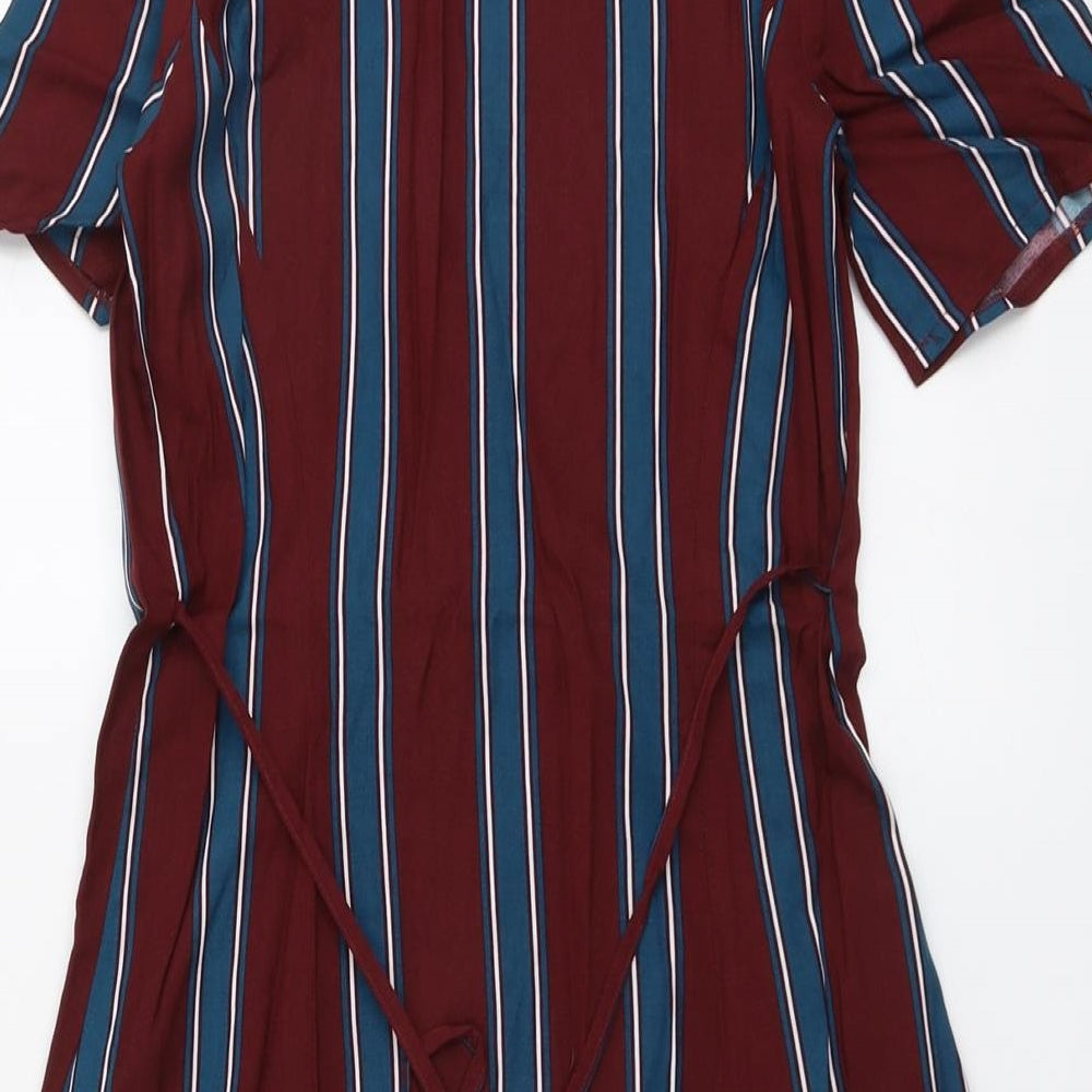 Primark Womens Red Striped Viscose A-Line Size 8 V-Neck Button