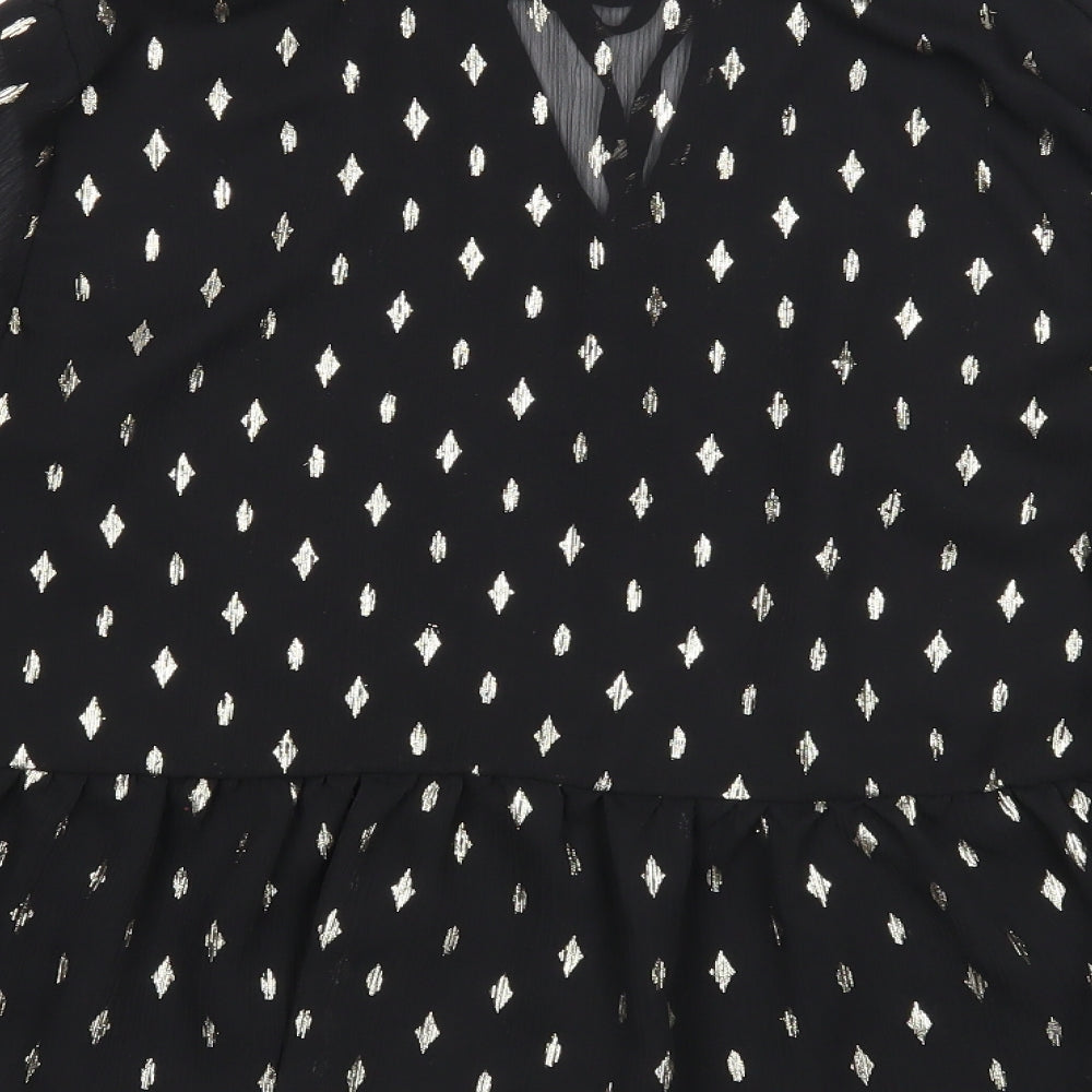 New Look Womens Black Geometric Polyester Basic Blouse Size 12 V-Neck