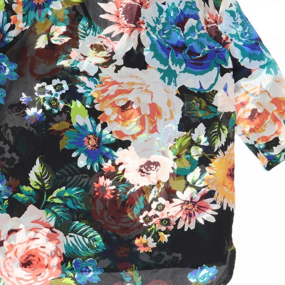 H&M Womens Black Floral Polyester Basic Blouse Size 6 V-Neck - Sheer