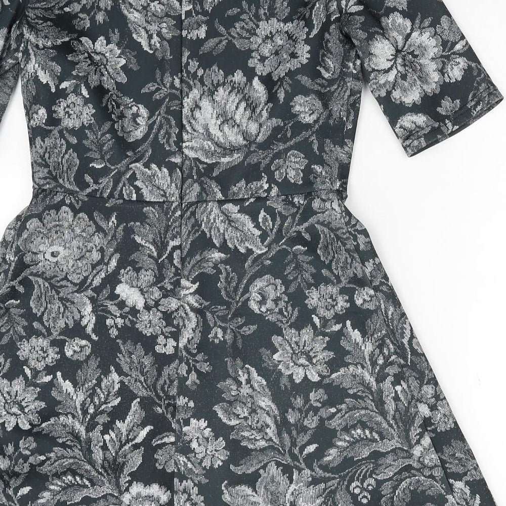 Warehouse Womens Green Floral Polyester A-Line Size 12 Round Neck Zip