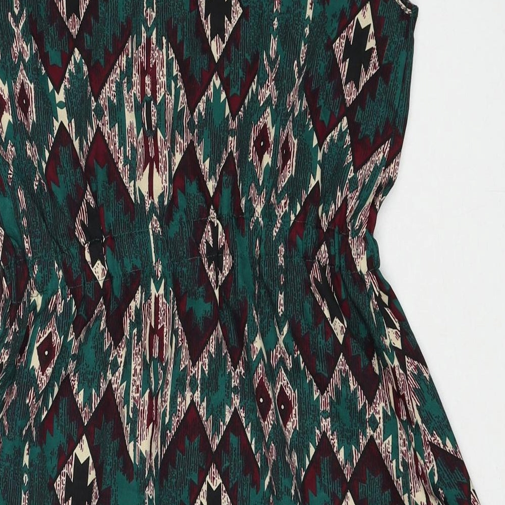 Mela London Womens Green Geometric Polyester A-Line Size 8 Round Neck Zip