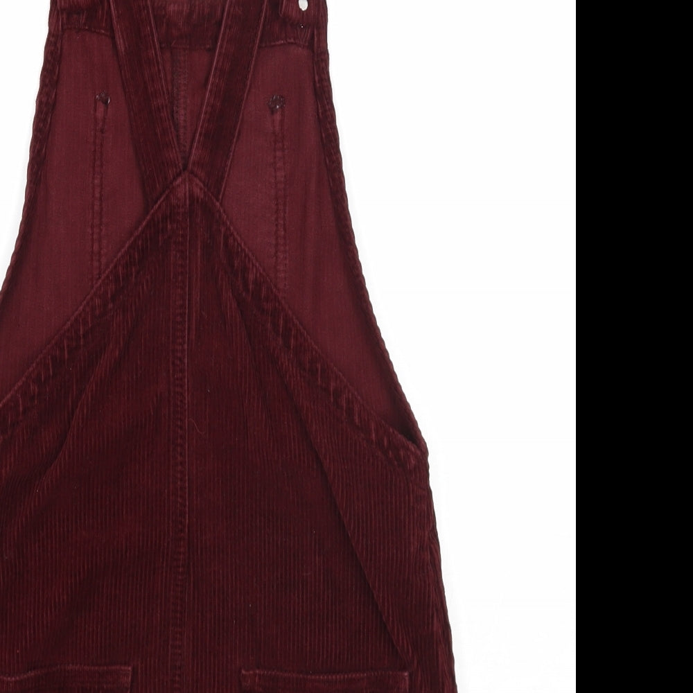 Topshop Womens Red Cotton Pinafore/Dungaree Dress Size 4 Square Neck Button