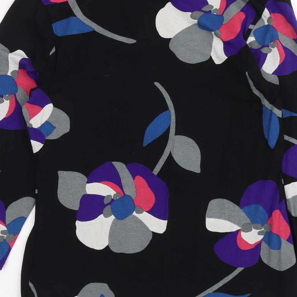 Marks & Spencer Womens Black Floral Viscose Basic Blouse Size 8 Scoop Neck
