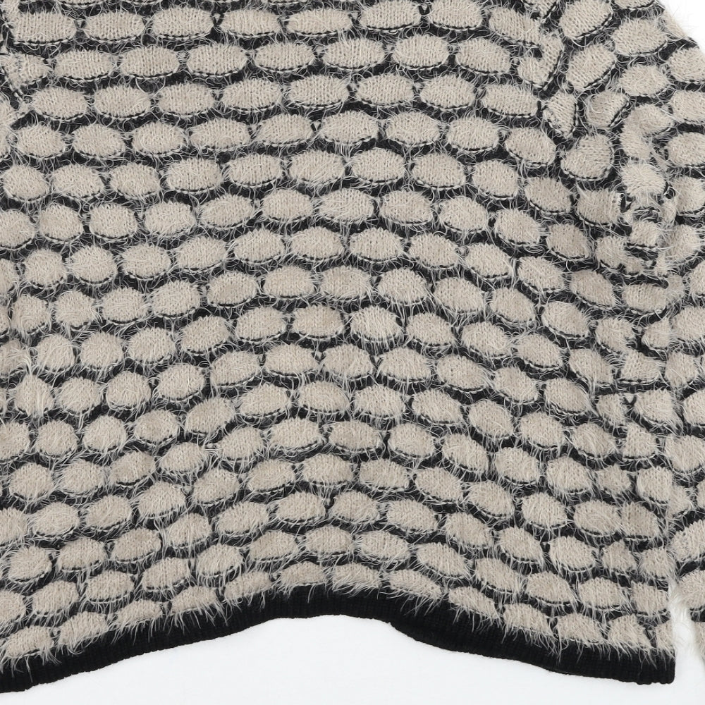bonprix Womens Beige Round Neck Geometric Acrylic Cardigan Jumper Size M