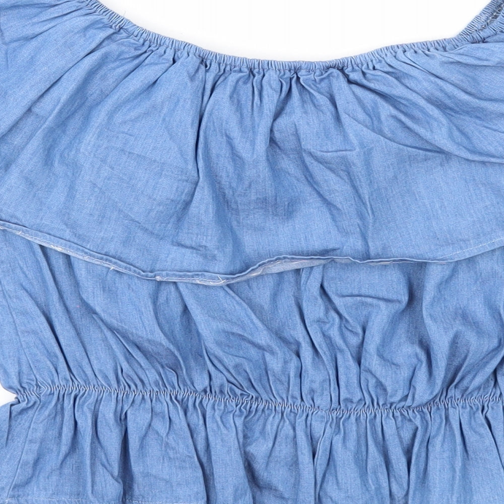 Cameo Rose Womens Blue Cotton Cropped Blouse Size 10 Off the Shoulder - Flower Detail