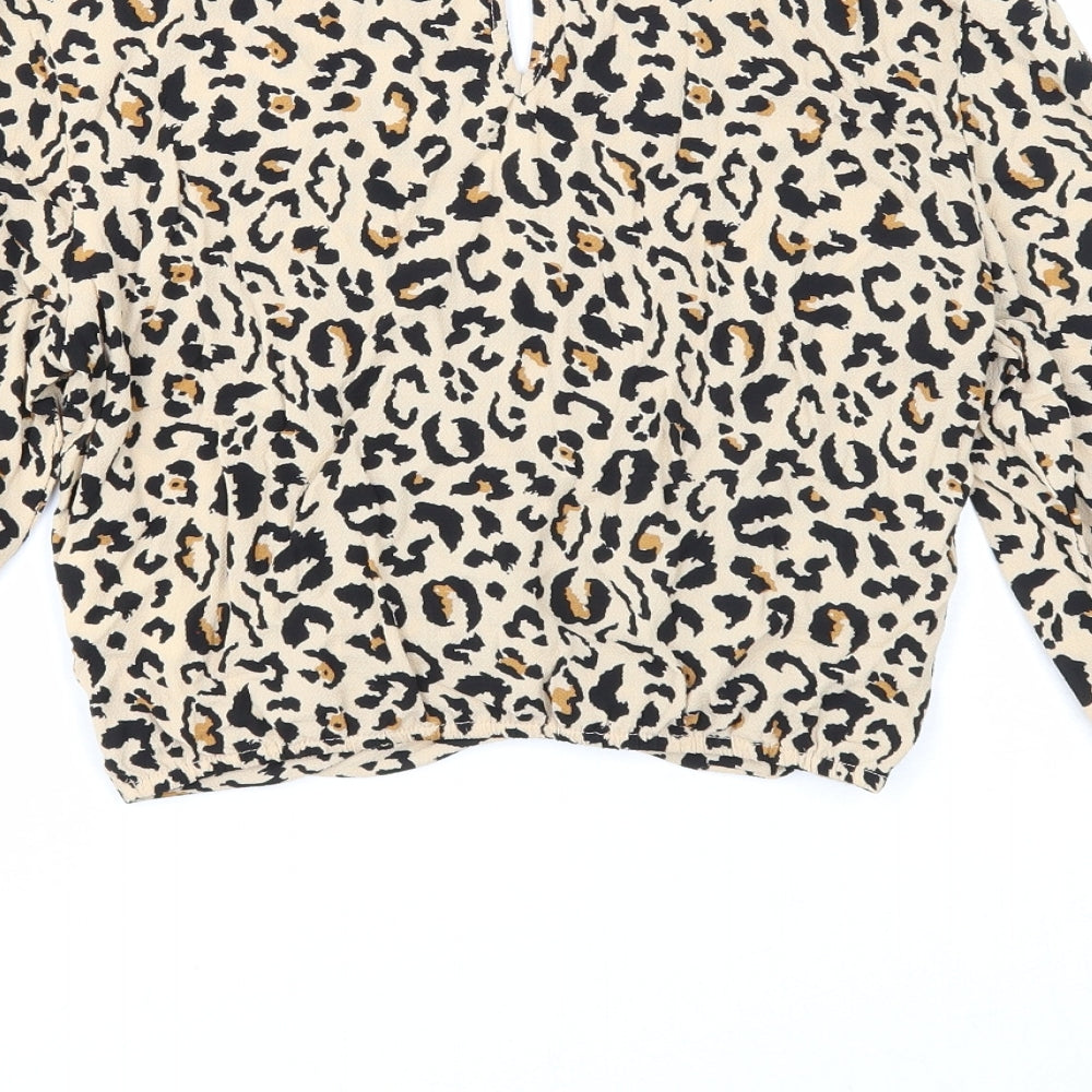 Divided Womens Brown Animal Print Polyester Cropped Blouse Size 6 Round Neck - Leopard Print