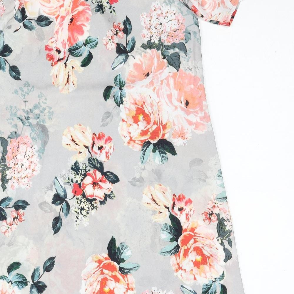Select Womens Grey Floral Polyester A-Line Size 6 Round Neck Button - Cold Shoulder