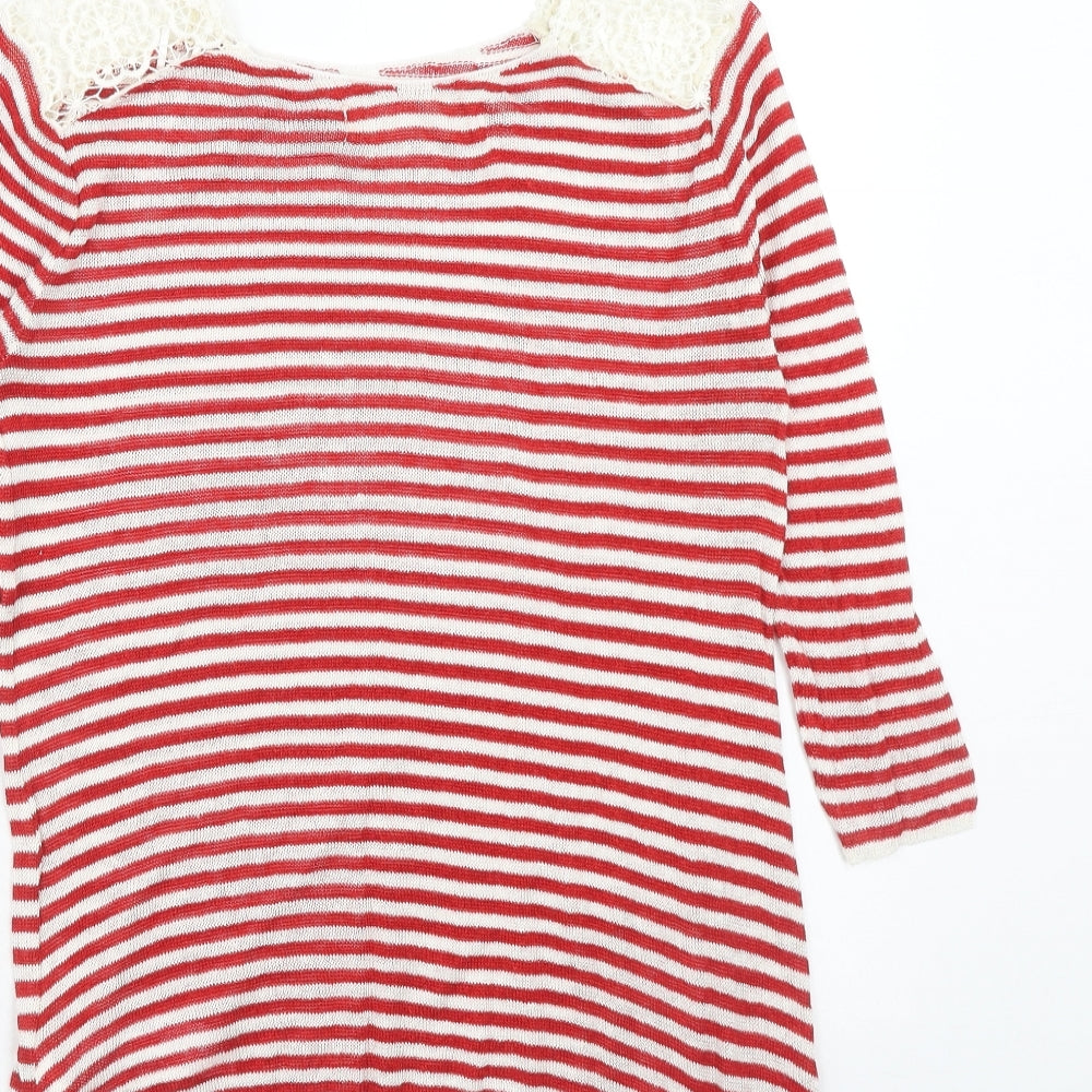 Zara Womens Red Round Neck Striped Linen Pullover Jumper Size S