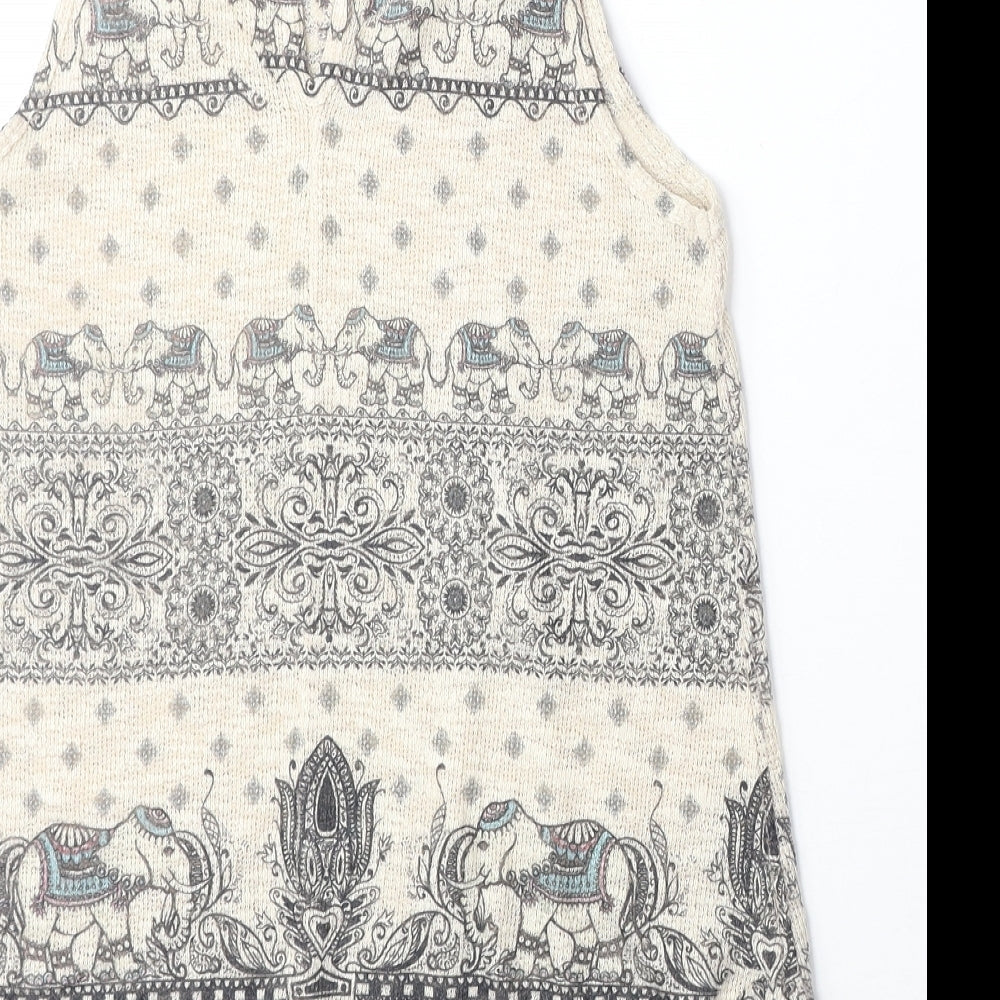 Ginger G Womens Beige Geometric Acrylic Basic Tank Size S Boat Neck - Elephant Print